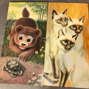 VINTAGE 12X24” LITHO ART PRINTS. CUDDLY CUTIES BEAR & SIAMESE CATS. 60’s 70’s